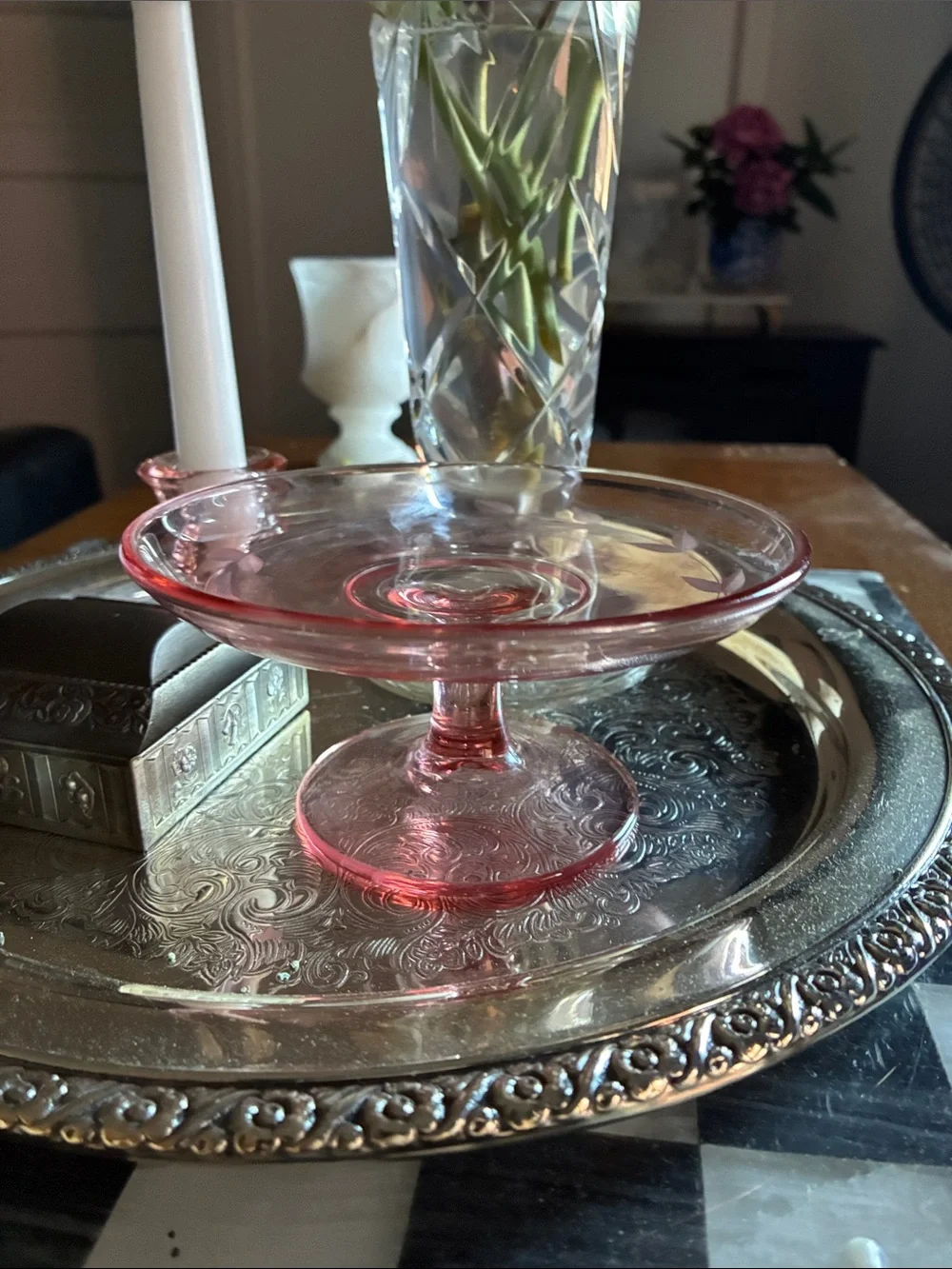 Vintage Pink Depression Glass Pedestal Dish Candleholder Bundle Cottage Coquette